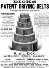 Advertisement for Dick's Patent Driving Belts, 1898.  Creator: Unknown.