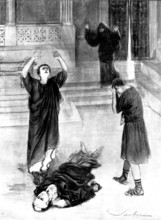 Julius Caesar, at Her Majesty's Theatre: Mark Antony by the dead body of Caesar, 1898. Creator: Robert Sauber.