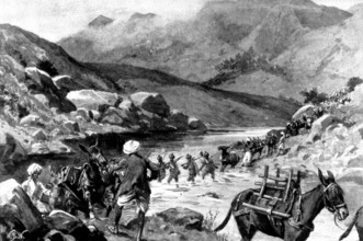 The Indian Frontier Rising:...Bengal Sappers and Miners fording the Mastura River, 1898. Creator: William Barnes Wollen.