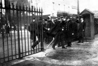 The Trial of M. Zola in Paris: scenes at the Assize Court - arrival of General Pellieux, 1898. Creator: Gribayedoff.