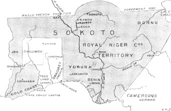 The French in West Africa: map with shaded portion denoting the sphere of British influence, 1898. Creator: Carl Hentschel.