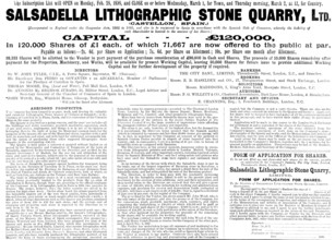 Advertisement for the Salsadella Lithographic Stone Quarry, Ltd., 1898. Creator: Unknown.