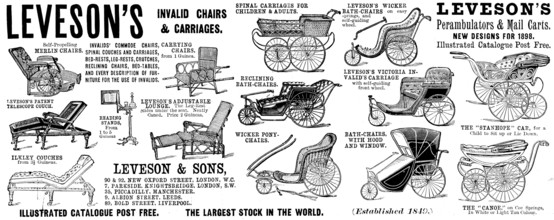 Advertisement for Leveson's Invalid Chairs & Carriages, 1898. Creator: Unknown.