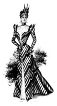 Ladies' Page: a black and white striped silk gown, 1898. Creator: Picador.