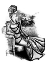 Ladies' Page: costume of green cloth piped with black satin, 1898. Creator: Picador.