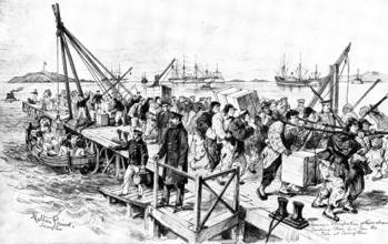 The Chinese Question: Germans landing stores at Tsingtan for Kiao-Chau, 1898. Creator: Unknown.