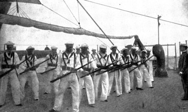 The Spanish-American War: American naval and military types - rifle drill: "Guard!", 1898. Creator: Unknown.