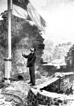The Death of Mr. Gladstone: hoisting the flag half-mast on the keep, the Old Castle, Hawarden, 1898. Creator: Unknown.