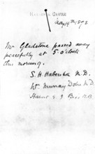 The Death of Mr. Gladstone: facsimile of the last bulletin issued, 1898. Creator: Unknown.