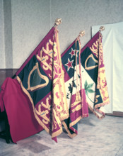 Royal, New Zealand and Canadian standards carried at the coronation of Queen Elizabeth II, 1953. Creator: Arthur Charles Kirby Ware.
