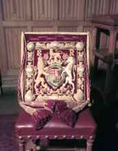 Chair decorated with the Royal Coat of Arms, 1953. Creator: Arthur Charles Kirby Ware.