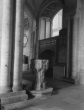 Stone font in St Luke's Chapel, Norwich Cathedral, Norfolk, c1955. Creator: Arthur Charles Kirby Ware.
