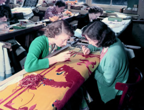 Embroidering the Royal Standard of Scotland used at the coronation of Queen Elizabeth II, 1953. Creator: Arthur Charles Kirby Ware.