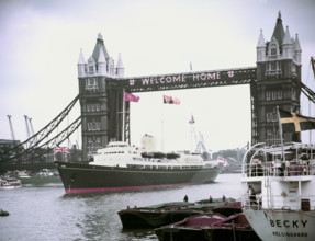 The Royal Yacht 'Britannia' passing under Tower Bridge, London, 15 May 1954. Creator: Arthur Charles Kirby Ware.