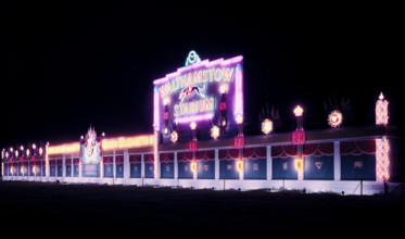 Walthamstow greyhound racing stadium illuminated to celebrate the Coronation of Elizabeth II, 1953. Creator: Arthur Charles Kirby Ware.