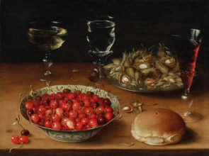 Still Life with Cherries in a Wanli Porcelain Bowl, Hazelnuts and Three Venetian Wine Glasses,1605-9 Creator: Beert, Osias, the Elder (ca. 1580-1624).