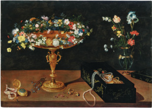 A tazza with a garland of flowers, a jewellery box, a pocket watch and flowers in a glass vase. Creator: Brueghel, Jan, the Younger (1601-1678).