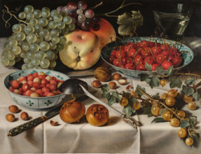 Still Life with Wild Strawberries and Cherries in Two Porcelain Bowls, First Half of 17th cen.. Creator: Claesz, Pieter (c. 1597-1660).