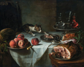 Still Life of the Remnants of a Meal with a Lunging Cat, c1725-1730. Creator: Desportes, Alexandre François (1661-1743).