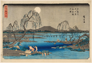 Catching Sweetfish in the Tama River under the Autumn Moon, from the series Snow, Moon..., c1845. Creator: Hiroshige, Utagawa (1797-1858).