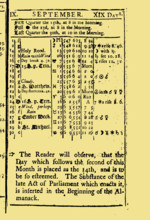 September - 19 days, from The Virginia almanack, for the year of our Lord God 1752, 1751. Creator: Historic Object.