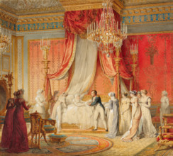 Napoléon I Presenting the Newborn King of Rome to Empress Marie Louise in Her Bedroom in the...,1811 Creator: Isabey, Jean-Baptiste (1767-1855).