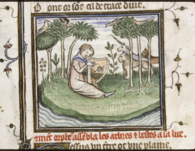 Orpheus enchants trees and animals with his harp playing, 1380s. Creator: Maître du Policratique de Charles V (active 1366-1403).