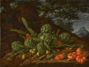 Still Life with Artichokes and Tomatoes in a Landscape. Creator: Meléndez, Luis Egidio (1716-1780).