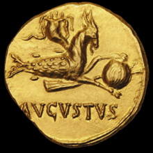 Aureus of Emperor Augustus. Reverse: Capricorn Holding a Globe, c18-17 BC. Creator: Numismatic, Ancient Coins .
