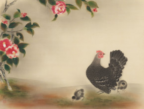Camellias and chicks. Creator: Omoda, Seiju (1891-1933).