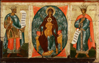 Madonna and Child enthroned with the prophets David and Solomon, End of the 16th - Early 17th cent.. Creator: Russian icon.