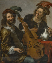 Viola da gamba player being offered a glass of wine by a young man. Creator: Stangerus, Cornelis (1616-1667).