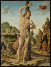 Saint Sebastian in a Rocky Landscape with Saints Jerome, Anthony Abbot and Christopher, 1475-1478. Creator: Zoppo, Marco (1433-1478).