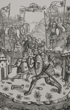 King Arthur fighting the giant, under the protection of the Virgin. 1514, (1877). Creator: Unknown.