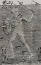 Man-at-arms: Diver using an armoured sealed diving suit to breathe, 1532, (1877).  Creator: Unknown.