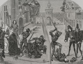 The Abbot of Saint-Denis, kneeling before the Bishop of Paris...15th century (1877).  Creator: Unknown.