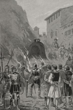 Insurgents forced to drink the molten liquid of the bells as a punishment, 1348, (1890).  Creator: Joan Serra y Pausas.