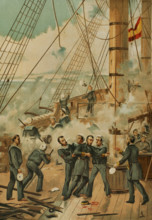 Casto Méndez Núñez wounded during the Battle of Callao, (May 1866), Spanish-South American War, 1881 Creator: Unknown.