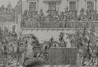 King Henry II of France, (1519-1559) mortally wounded by the Count of Montgomery,.. 1599, (1877). Creator: Unknown.