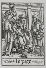The Judge is visited by Death from "The Dance of Death", 1538, (1877). Creator: Unknown.