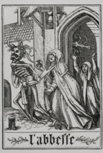The Abbess visited by Death from "The Dance of Death", 1538, (1877). Creator: Unknown.