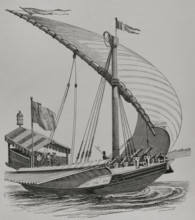 Pontifical galley equipped with large stays, sails, oars and heavy artillery, 1550 (1877.  Creator: Unknown.