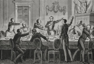 Baldomero Espartero holding a banquet with all his officers and Baron Nordenflicht..., 1879.  Creator: Unknown.