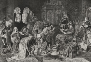 Jewish merchant showing his jewellery to the Prince of Thuringia at Wartburg Castle, 1878. Creator: Unknown.