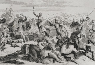 Don Ramiro de León defeats the Cordovan near Simancas, Battle of Simancas, 1st August, 939 (1853). Creator: Unknown.