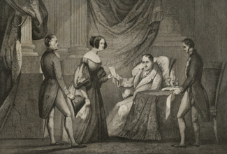 King Ferdinand VII, (1784-1833) hands over Doña María Cristina the Decree of 6 October 1832., 1842. Creator: Unknown.