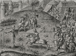 Exercise of quintain, mid 15th century, (1877). Creator: Unknown.