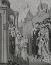 The clergy solemnly come with the cross and holy images before a lord at the door of a..., 1877.  Creators: Jules Jean Marie Joseph Huyot, J Petot.