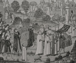 Count Renier bearing the body of Saint Veronica to Saint Waltrude Collegiate...1446-48 (1877).  Creator: Jules Jean Marie Joseph Huyot.