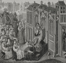 Canonesses gathered in Nivelles, where Walcaud, bishop of Liège, (810-832)...late 14th cent (1877).  Creator: Unknown.